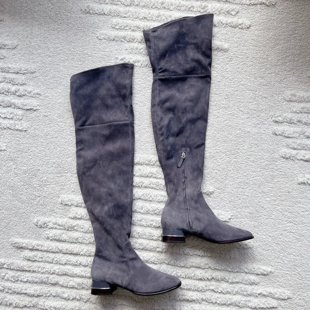 Tory Burch MULTI LOGO STRETCH Over The Knee Boots OTK Gray Suede Low Heel US 7.5